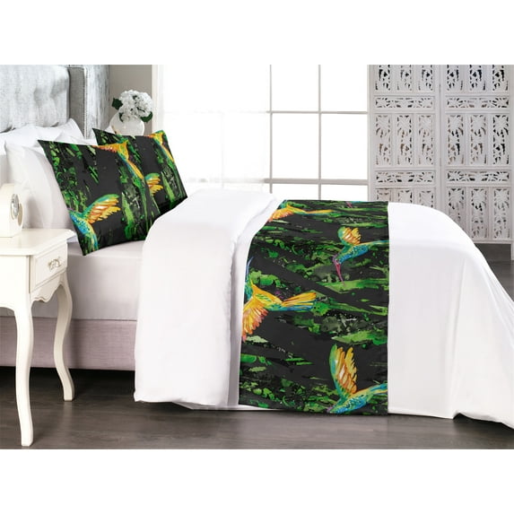 Birds and Nature Bed Runner Set, Colorful Design Hummingbirds Pattern on Grunge Jungle Backdrop, Decorative Bedding Scarf & 2 Pillow Shams for Hotels Homes, King, Fern Green Vermilion, by Ambesonne