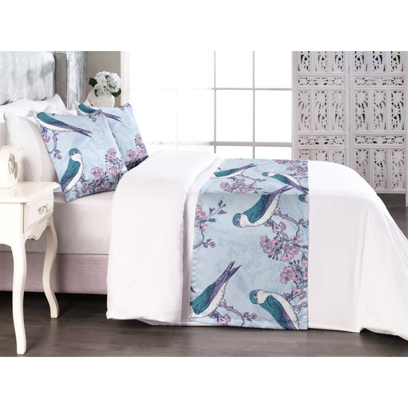 Birds and Nature Bed Runner Set, Japanese Inspire Sakura Flowers Pattern with Birds Chill Art, Decorative Bedding Scarf & 2 Pillow Shams for Hotels Homes, Queen, Dark Seafoam Pastel Pink, by Ambesonne