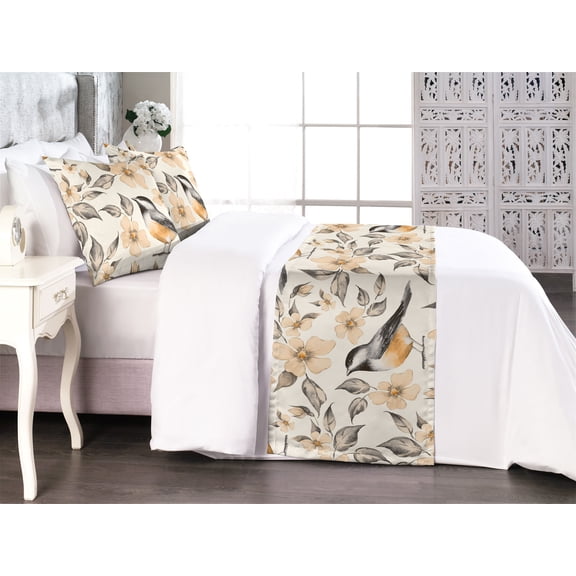 Birds and Nature Bed Runner Set, Japanese Vibes Winged Animals and Floral Boho Pattern Print, Decorative Bedding Scarf & 2 Pillow Shams for Hotels Homes, Queen, Peach Champagne Pale Grey, by Ambesonne