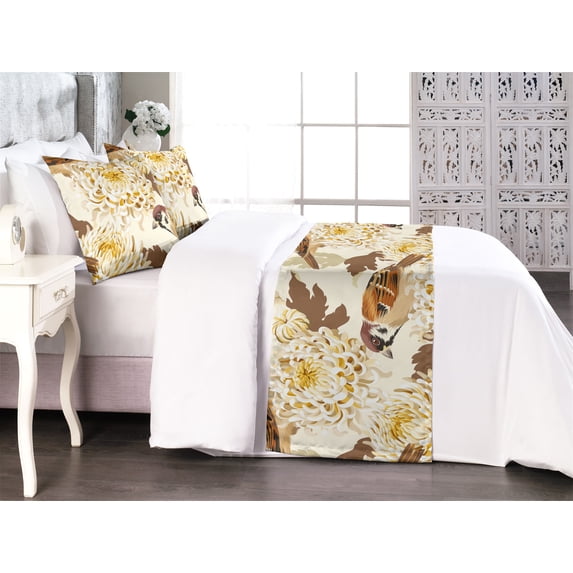 Birds and Nature Bed Runner Set, Nature Vibes Asian Chrysanthemum Pattern and Winged Animals Art, Decorative Bedding Scarf & 2 Pillow Shams for Hotels Homes, Queen, Amber Cream Chocolate, by Ambesonne