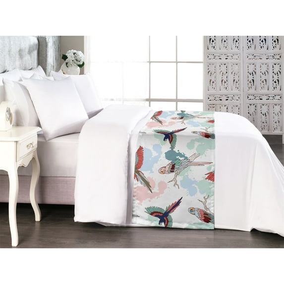 Birds and Nature Bed Runner, Wild Jungle Vibe Colorful Design Tropical Parrot With Splash Pattern, Decorative Accent Bedding Scarf for Hotels Homes & Guest Rooms, Queen, White Multicolor, by Ambesonne
