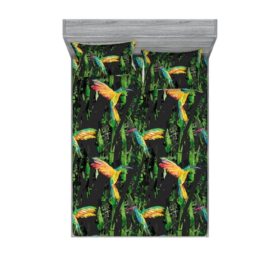 Birds and Nature Fitted Sheet & Pillow Sham Set, Colorful Design Hummingbirds Pattern on Grunge Jungle Backdrop, Decorative Printed 3 Piece Bedding Decor, Queen, Fern Green Vermilion, by Ambesonne