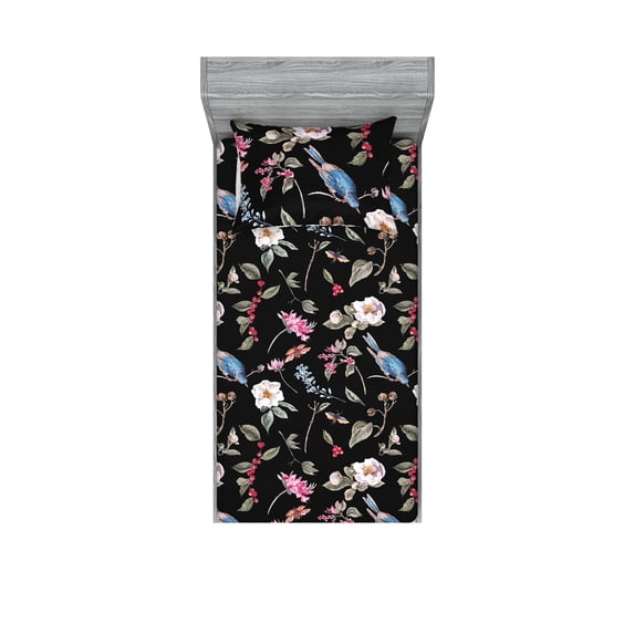 Birds and Nature Fitted Sheet & Pillow Sham Set, Exotic Jungle Boho Inspired Simple Design Modern Floral Artwork, Decorative Printed 2 Piece Bedding Decor, Twinxl, Charcoal Grey Blush, by Ambesonne