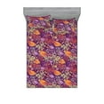 thumbnail image 1 of Birds and Nature Fitted Sheet & Pillow Sham Set, Fantasy Themed Delicate Winged Animals with Flowers Print, Decorative Printed 3 Piece Bedding Decor, Full, Purple Orange and Lilac, by Ambesonne, 1 of 1