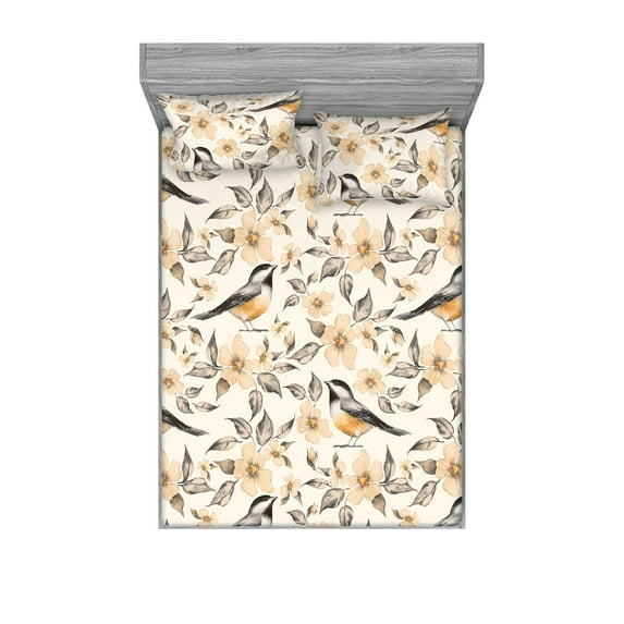 Birds and Nature Fitted Sheet & Pillow Sham Set, Japanese Vibes Winged Animals and Floral Boho Pattern Print, Decorative Printed 3 Piece Bedding Decor, Calking, Peach Champagne Pale Grey, by Ambesonne