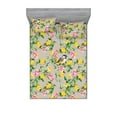 thumbnail image 1 of Birds and Nature Fitted Sheet & Pillow Sham Set, Romantic Garden Scene Floral Pattern with Winged Animal Art, Decorative Printed 3 Piece Bedding Decor, Queen, Mustard Fern Green Blush, by Ambesonne, 1 of 2