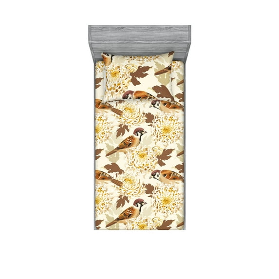 Birds and Nature Fitted Sheet & Pillow Sham Set, Nature Vibes Asian Chrysanthemum Pattern and Winged Animals Art, Decorative Printed 2 Piece Bedding Decor, Twin, Amber Cream Chocolate, by Ambesonne