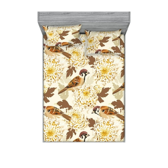 Birds and Nature Fitted Sheet & Pillow Sham Set, Nature Vibes Asian Chrysanthemum Pattern and Winged Animals Art, Decorative Printed 3 Piece Bedding Decor, King, Amber Cream Chocolate, by Ambesonne