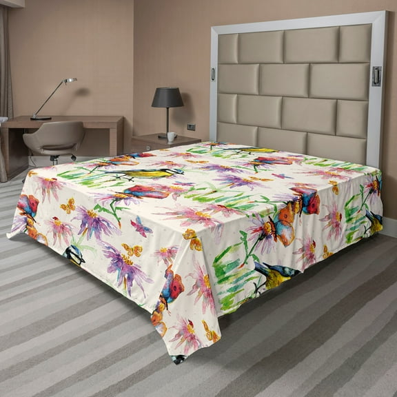 Ambesonne Birds and Nature Flat Bedding Sheet Soft Top Sheet, Aquarelle Sparrow, California King, Pale Fuchsia Fern Green