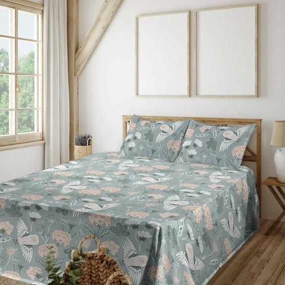 Ambesonne Birds and Nature Fitted & Flat Sheet with Sham 3 Pcs Set, Oriental Owl Print, Twin XL, Pale Slate Blue Blush