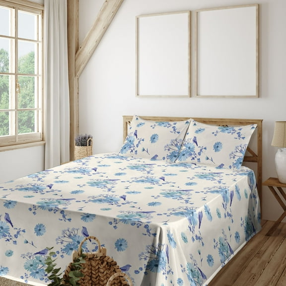 Birds and Nature Sheet Set, Springtime Inspired Winged Animal Illustration With Flowers Art, Fitted & Flat Sheet with Pillowcase Bedding Accent 4 Pcs Set, King, Off White Ceil Blue, by Ambesonne