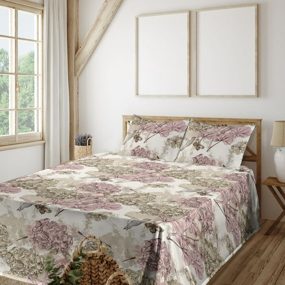 Ambesonne Birds and Nature Fitted & Flat Sheet with Shams 4 Pcs Set, Hummingbirds Flora, Queen, Pastel Yellow Pale Pink