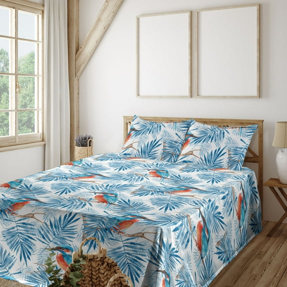 Ambesonne Birds and Nature Fitted & Flat Sheet with Shams 4 Pcs Set, Kingfisher Pattern, King, Sea Blue Vermilion White