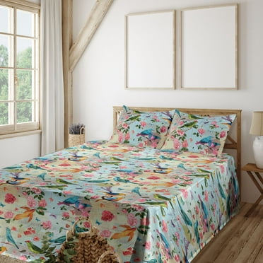 Birds and Nature Sheet Set, Watercolor Winged Animals and Flowers on Vintage Romantic Notes, Fitted & Flat Sheet with Pillowcase Bedding Accent 4 Pcs Set, King, Fern Green Vermilion, by Ambesonne