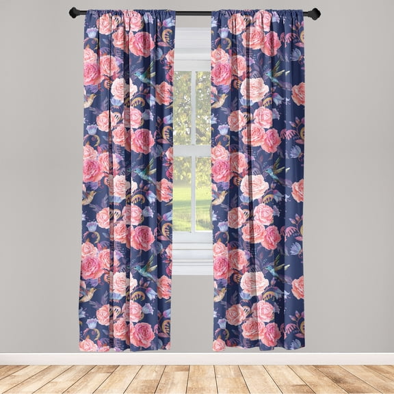 Birds and Nature Window Curtains, Cottagecore Vibe Neutral Colors Boho Animals and Flower Art, Lightweight Decor 2-Panel Set with Rod Pocket, Pair of - 28"x63", Dark Lavender Pastel Pink, by Ambesonne