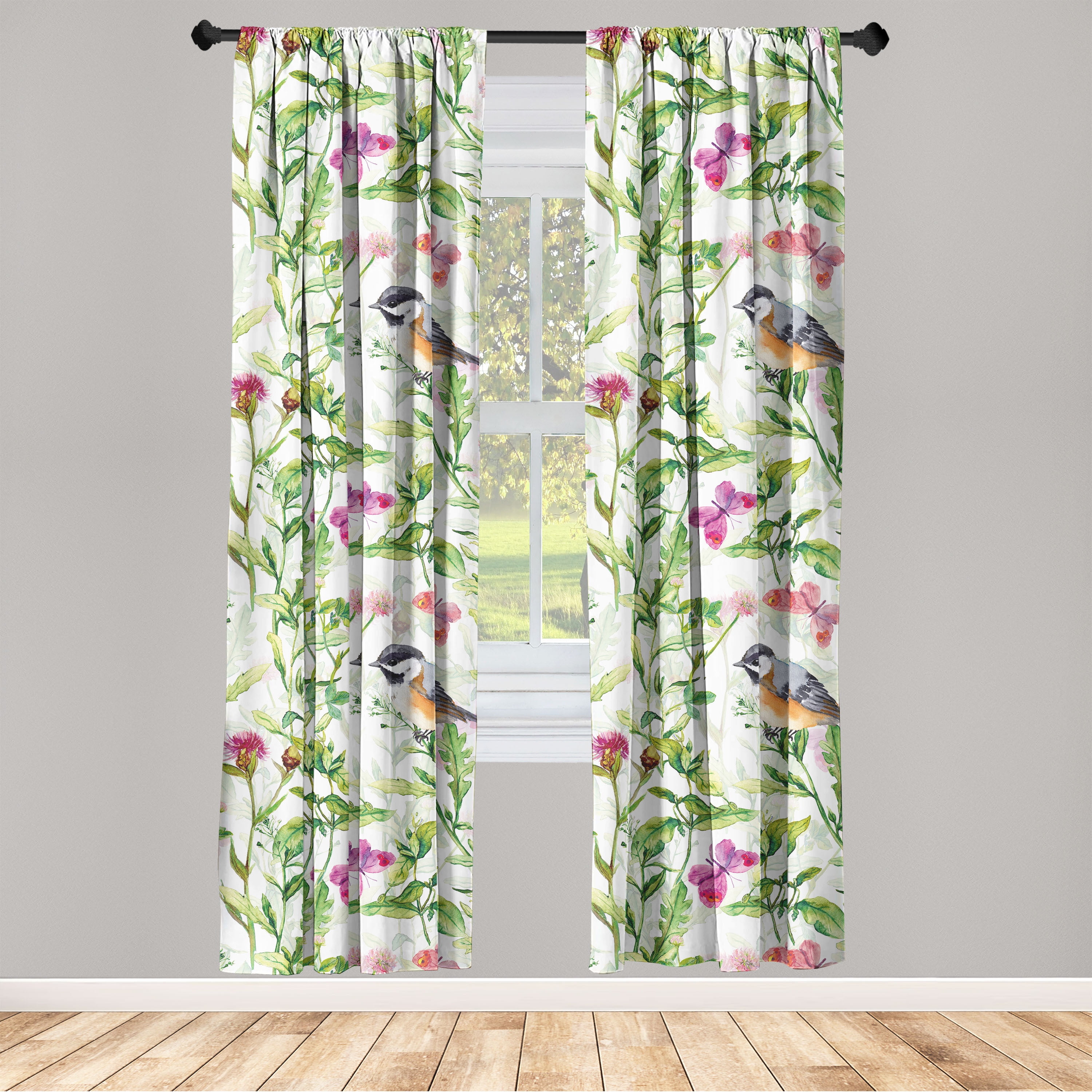 Birds and Nature Window Curtains, Jungle Boho Inspiration Watercolor Style Winged Animals and