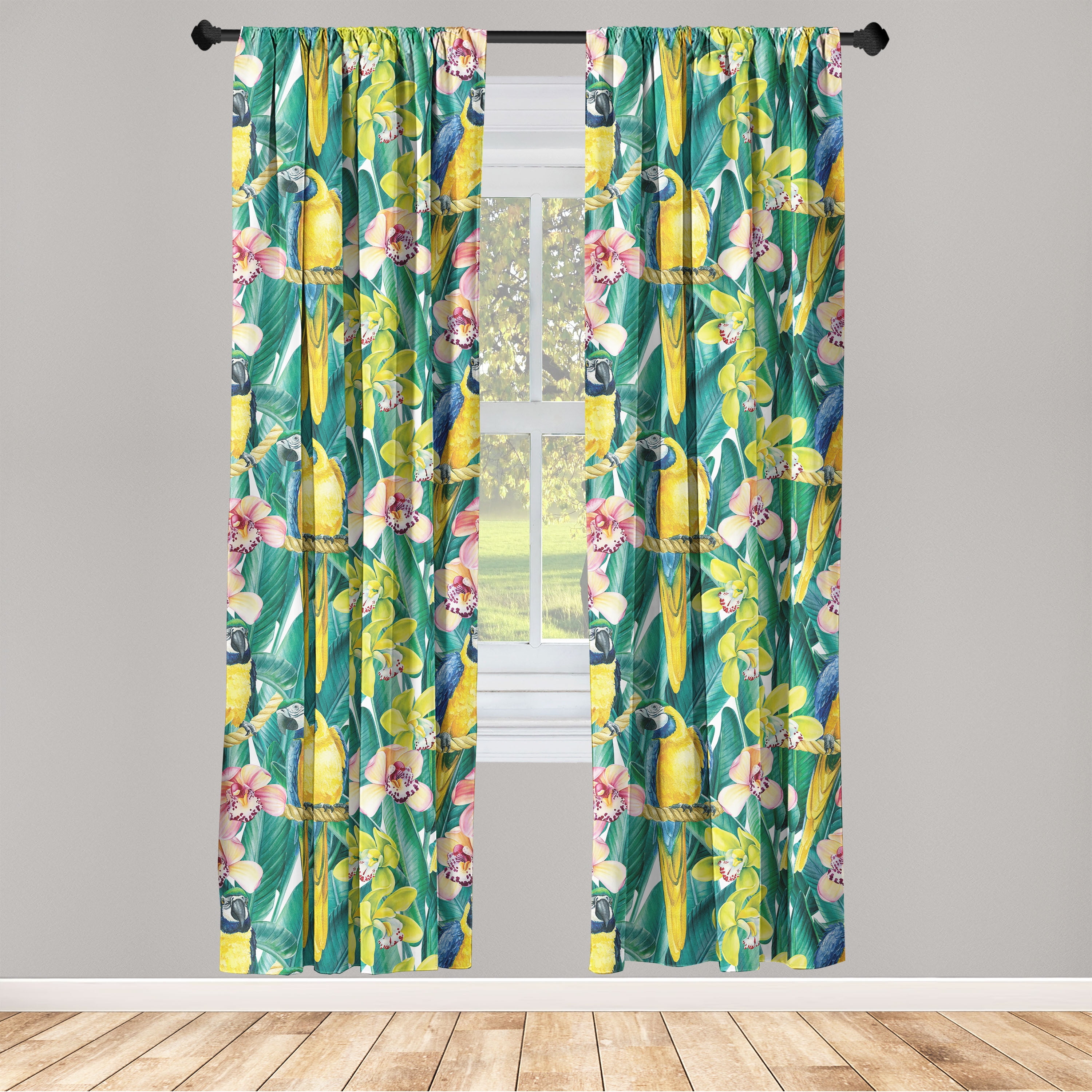 Birds and Nature Window Curtains, Realist Macaw on Branches with Leaves Greenery and Orchid Art