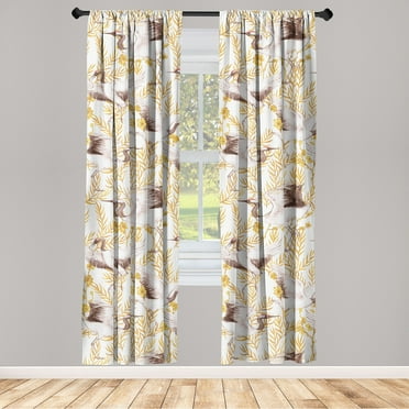 Birds and Nature Window Curtains, Simple Design Crane Pattern with Floral Boho Ornaments Art, Lightweight Decor 2-Panel Set with Rod Pocket, Pair of - 28"x63", Marigold Dried Rose Ivory, by Ambesonne