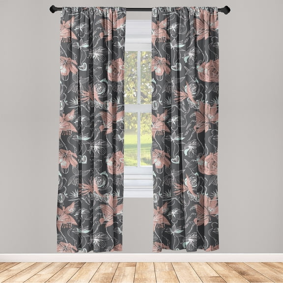 Birds and Nature Window Curtains, Springtime Inspired Rose Flower Pattern With Sketch Winged Animal Art, Lightweight Decor 2-Panel Set with Rod Pocket, Pair of - 28"x95", Coral Pale Blue, by Ambesonne