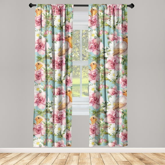 Birds and Nature Window Curtains, Vintage Design Floral Boho Pattern with Leaves Greenery Print, Lightweight Decor 2-Panel Set with Rod Pocket, Pair of - 28"x63", Seafoam Vermilion Blush, by Ambesonne