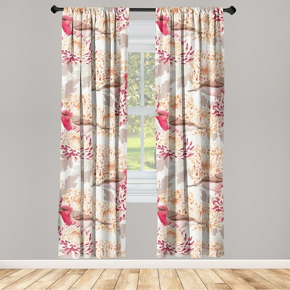 Birds and Nature Window Curtains, Vintage Pattern of Winged Animals and Floral Boho Print, Lightweight Decor 2-Panel Set with Rod Pocket, Pair of - 28"x63", Dark Pink Champagne and Dust, by Ambesonne