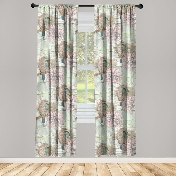 Birds and Nature Window Curtains, Watercolor Drawing of a Winged Animal with Japanese Floral Art, Lightweight Decor 2-Panel Set with Rod Pocket, Pair of - 28"x63", Pale Pink Dark Mustard, by Ambesonne