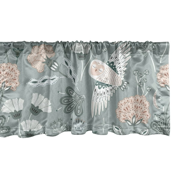 Birds and Nature Window Valance, Oriental Minimalist Art of Owl and Neutral Colors Boho Flowers, Curtain Valance for Kitchen Bedroom with Rod Pocket, 54" X 18", Pale Slate Blue Blush, by Ambesonne