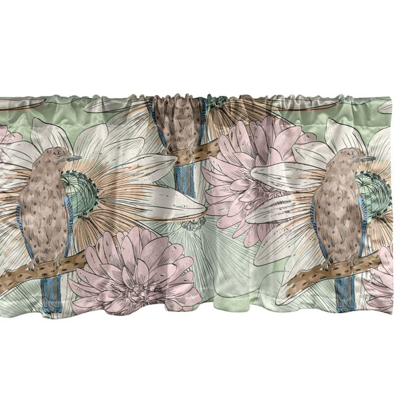 Birds and Nature Window Valance, Watercolor Drawing of a Winged Animal with Japanese Floral Art, Curtain Valance for Kitchen Bedroom with Rod Pocket, 54" X 18", Pale Pink Dark Mustard, by Ambesonne