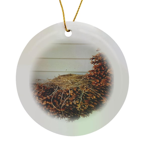 3drose, Birds Nest Pinecone Wreath, Circle Porcelain Ornament