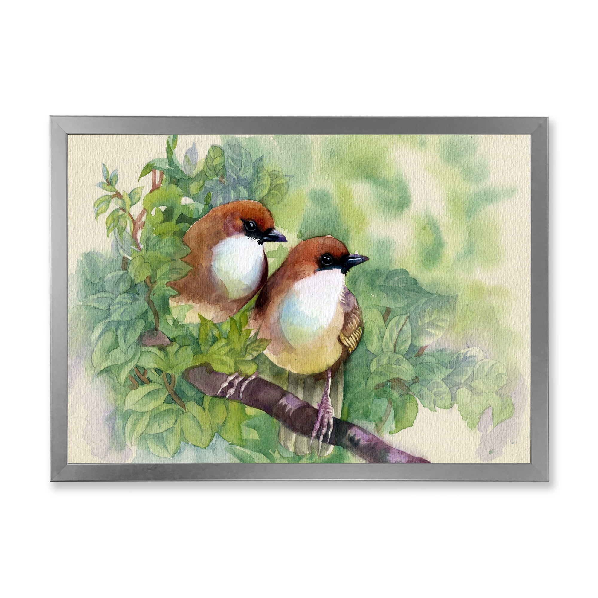 Birds Of Spring Sitting On Branch 20 in x 12 in Framed Painting Canvas Art Print, by Designart