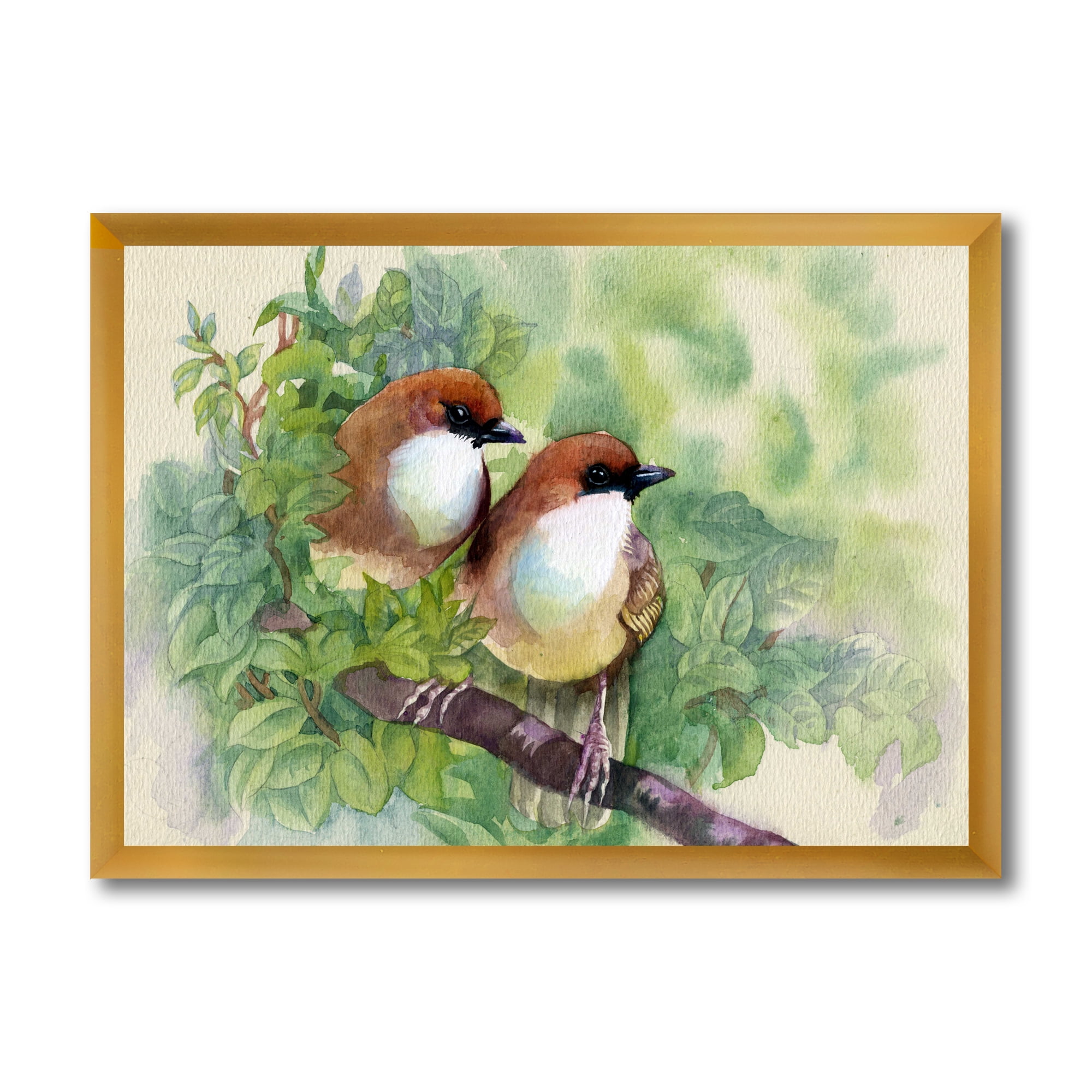 Birds Of Spring Sitting On Branch 32 in x 16 in Framed Painting Canvas Art Print, by Designart