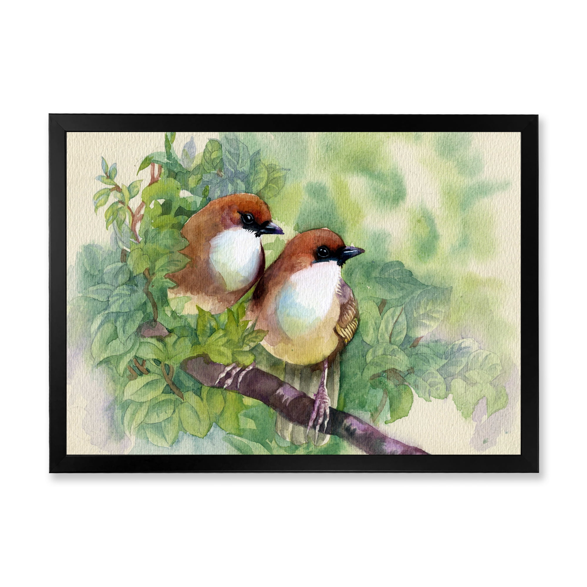 Birds Of Spring Sitting On Branch 32 in x 16 in Framed Painting Canvas Art Print, by Designart