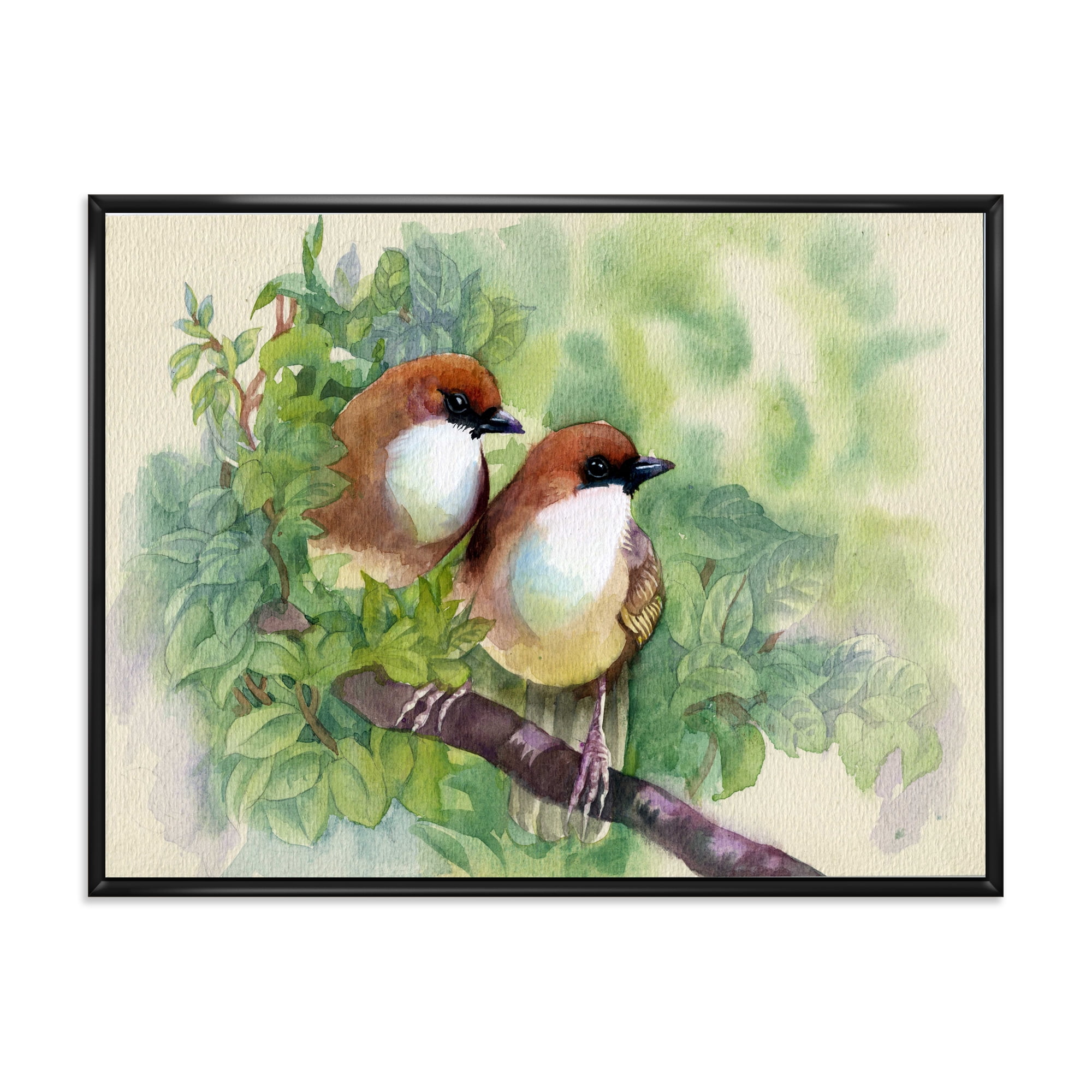 Birds Of Spring Sitting On Branch 32 in x 24 in Framed Painting Canvas Art Print, by Designart