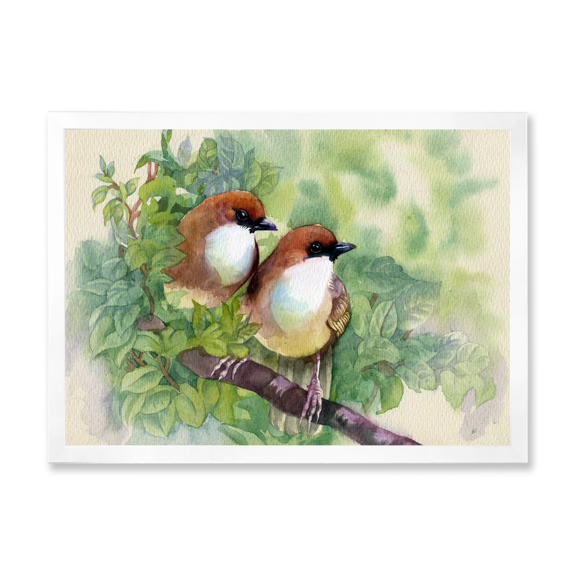 Birds Of Spring Sitting On Branch 40 in x 30 in Framed Painting Canvas Art Print, by Designart