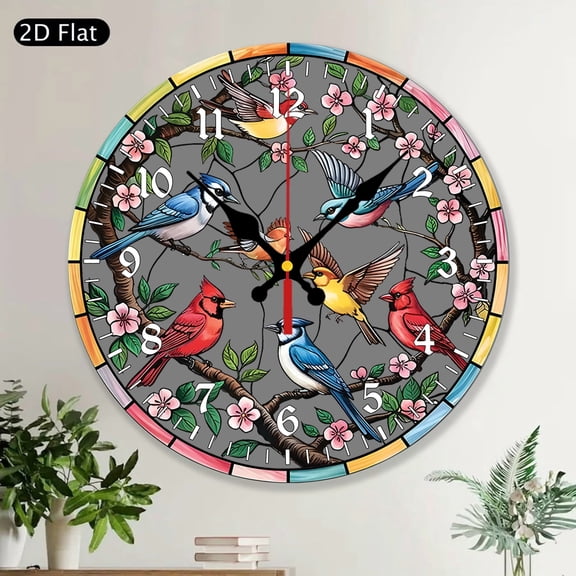 Birds On A Branch Cardinal Hummingbird MDF Wood Round Wall Clock Silent Non Ticking Rustic Farmhouse Home Wall Decor Gift