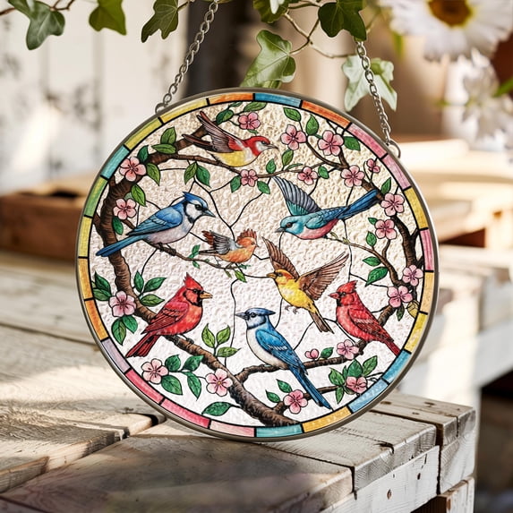 Birds On A Branch Stained Glass Ornament, Stained Glass Window Hanging Suncatcher, Cardinal Hummingbird Glass Panel Decor Gift