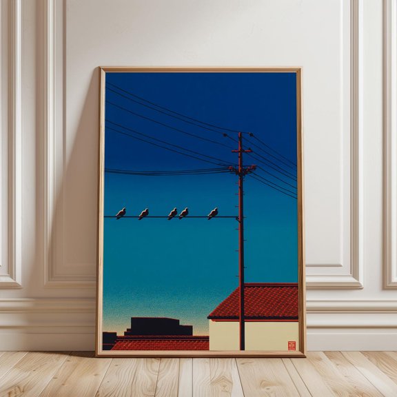 Birds On A Wire Urban Minimalist Art Print Blue Sky City Rooftop Retro Illustration, Unframed Paper Print