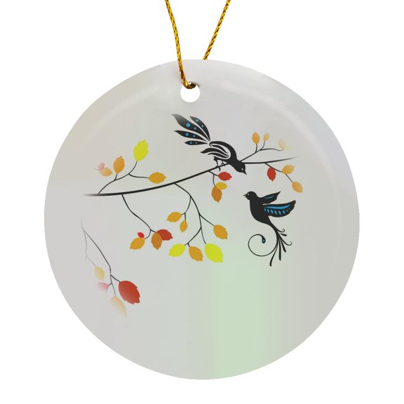 3drose, Birds on Autumn Trees, Circle Porcelain Ornament
