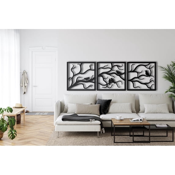 Birds On Branch Metal Wall Decor for Home and Outside - Wall-Mounted Geometric Wall Art Decor - Drop Shadow 3D Effect Wall Decoration for Living Room Bedroom
