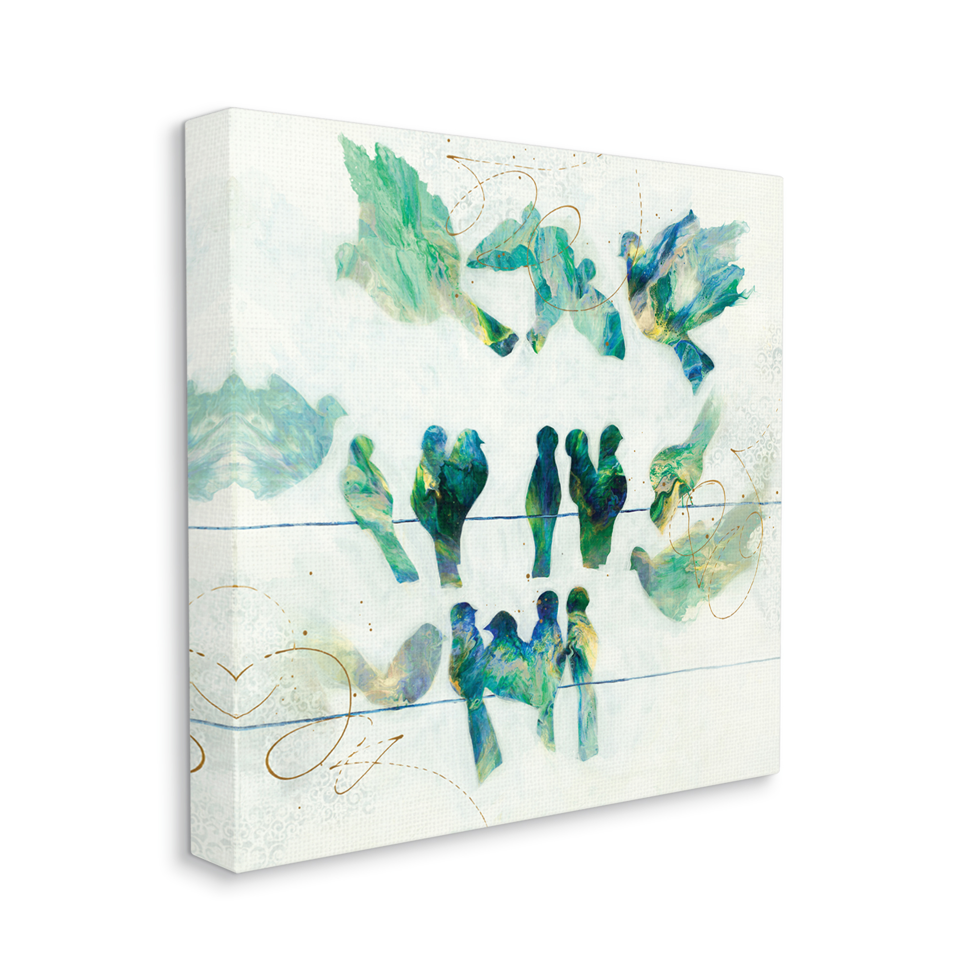 Stupell Industries Birds on Clothes Line Swirling Blue Green Pattern,24 x 24,Designed by Ruth Fromstein