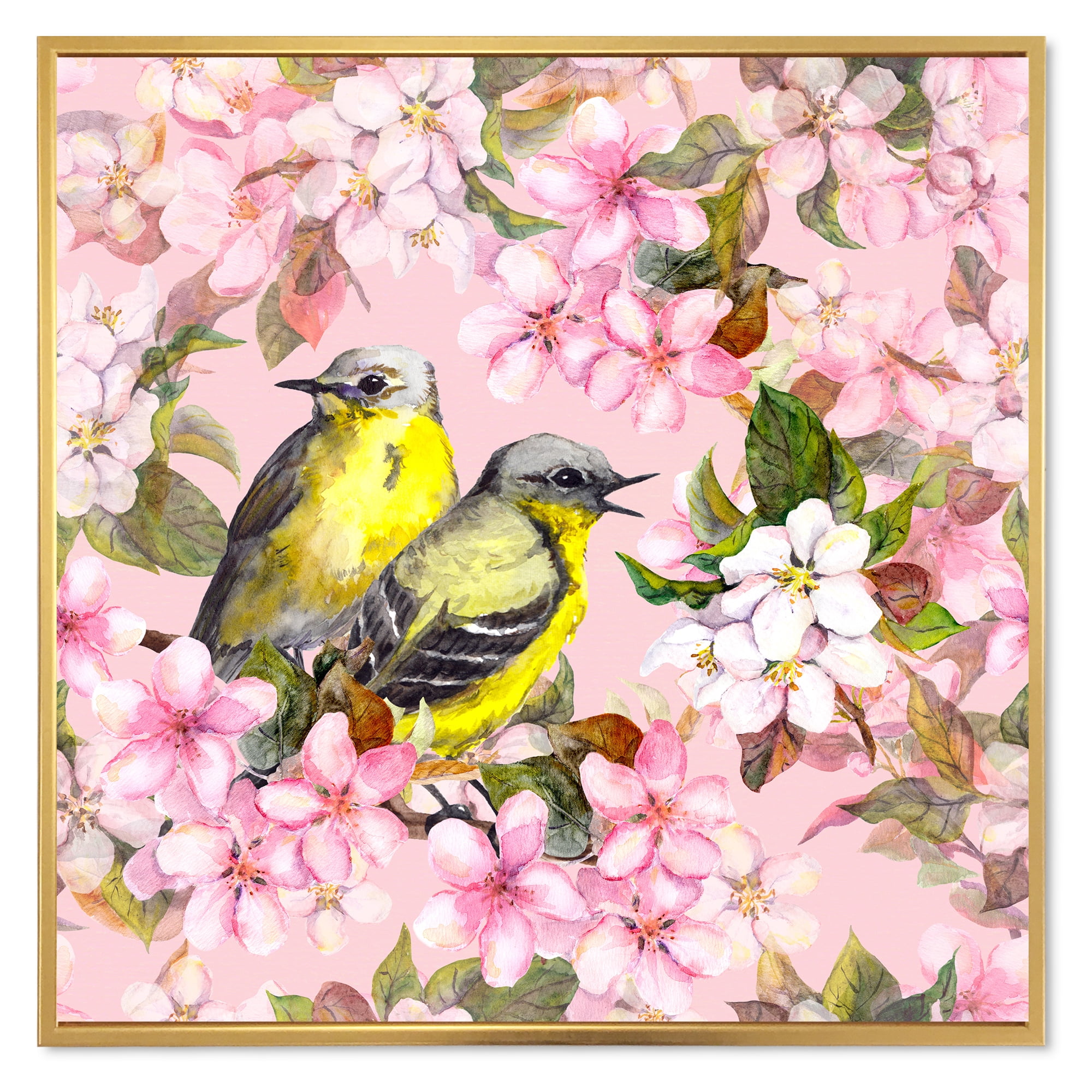 Birds On Pink Cherry Sakura and Apple Flowers I 16 in x 16 in Framed Painting Canvas Art Print, by Designart