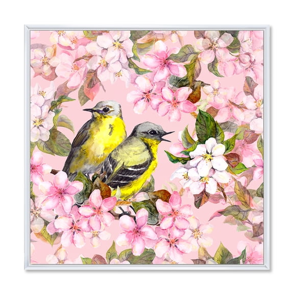 Birds On Pink Cherry Sakura and Apple Flowers I 16 in x 16 in Framed Painting Canvas Art Print, by Designart