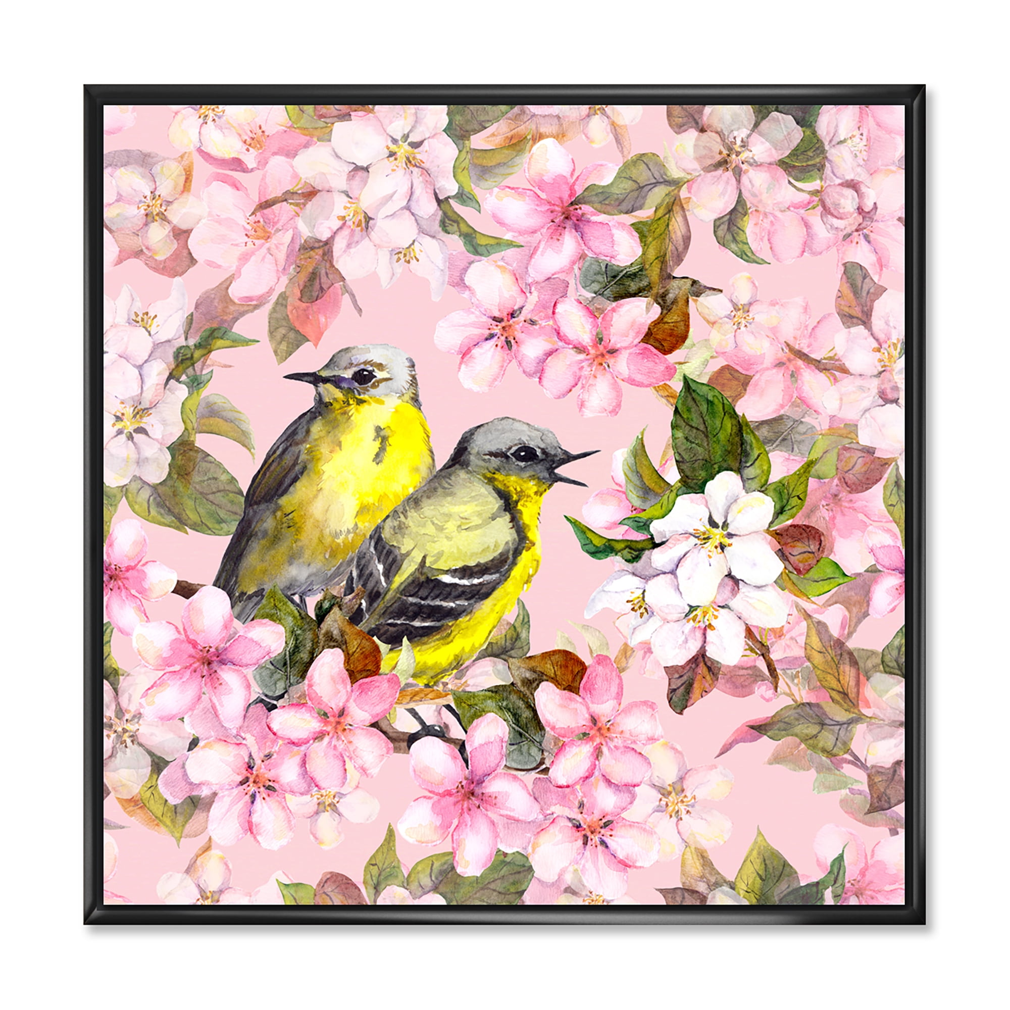Birds On Pink Cherry Sakura and Apple Flowers I 30 in x 30 in Framed Painting Canvas Art Print, by Designart