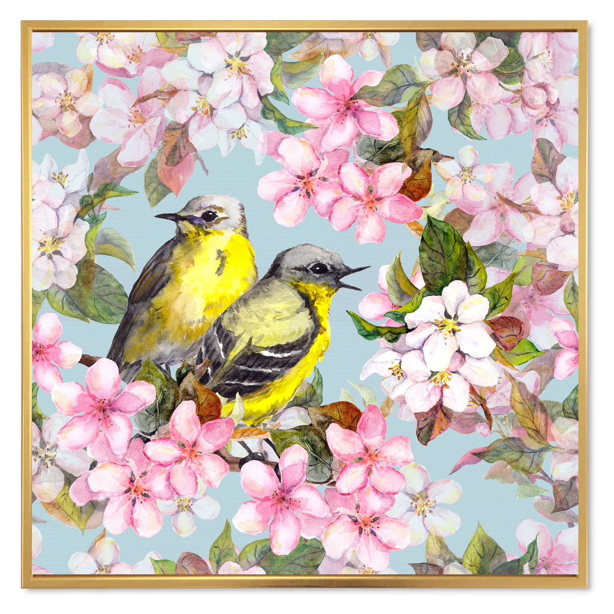 Birds On Pink Cherry Sakura and Apple Flowers II 36 in x 36 in Framed Painting Canvas Art Print, by Designart