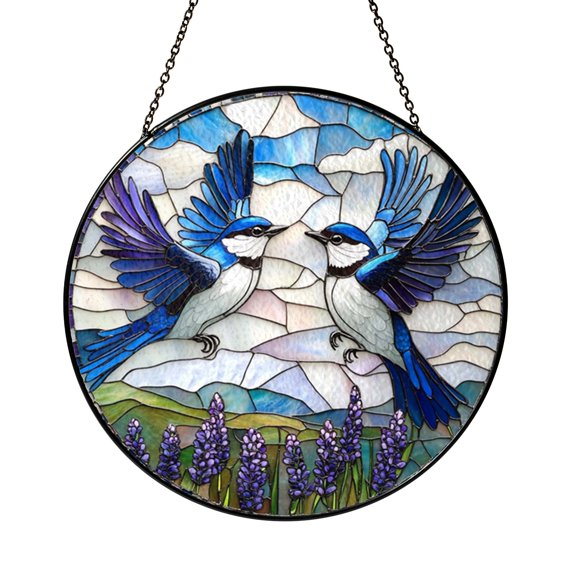 Birds Over Flower Field Stained Glass Style Window Hanging – Nature Decor