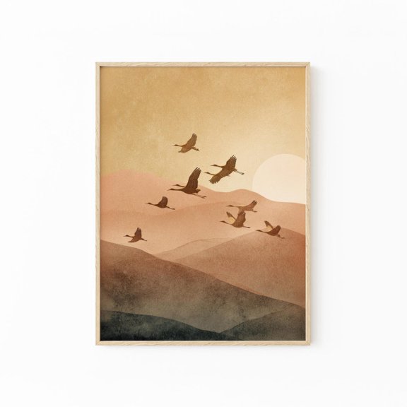 Birds Over Sunset Hills Wall Art Print, Minimal Landscape Decor