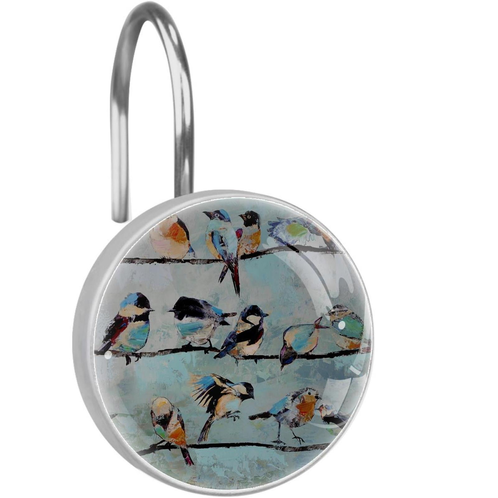 Birds Paintings Shower Curtain Hooks（Set of 12）for Home Hotel Shower Rods Bathroom Crystal Glass Print Stainless Steel Round Curtain Hooks