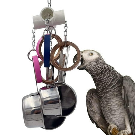 Birds Parrots Pots and Bagel Toys, Bird Bite Toys, 5 Rings Bird Cage Toys, Macaws Small Medium Pet Birds African Greys Pleasing Noises