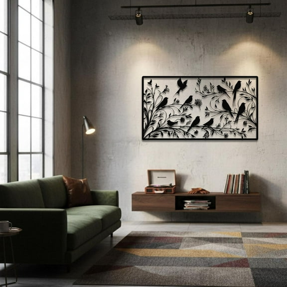 Birds Perched on Tree Branches Metal Wall Art
