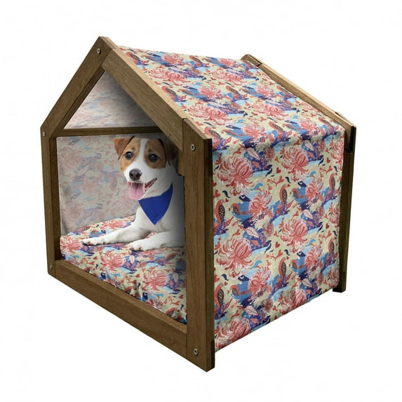 Birds Pet House, Romantic Garden Pattern with Birds in Love Vibrant Blossoms Fresh Growth, Outdoor & Indoor Portable Dog Kennel with Pillow and Cover, 5 Sizes, Multicolor, by Ambesonne